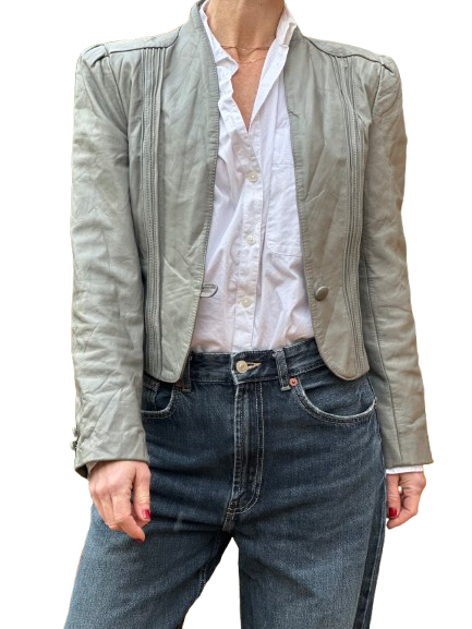 Vintage Grey Cropped Fitted Leather Blazer