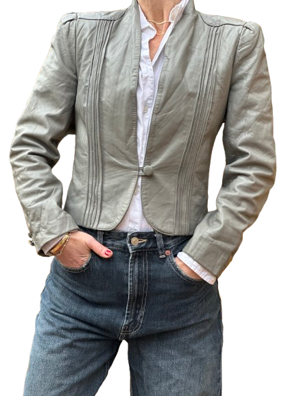 Vintage Grey Cropped Fitted Leather Blazer