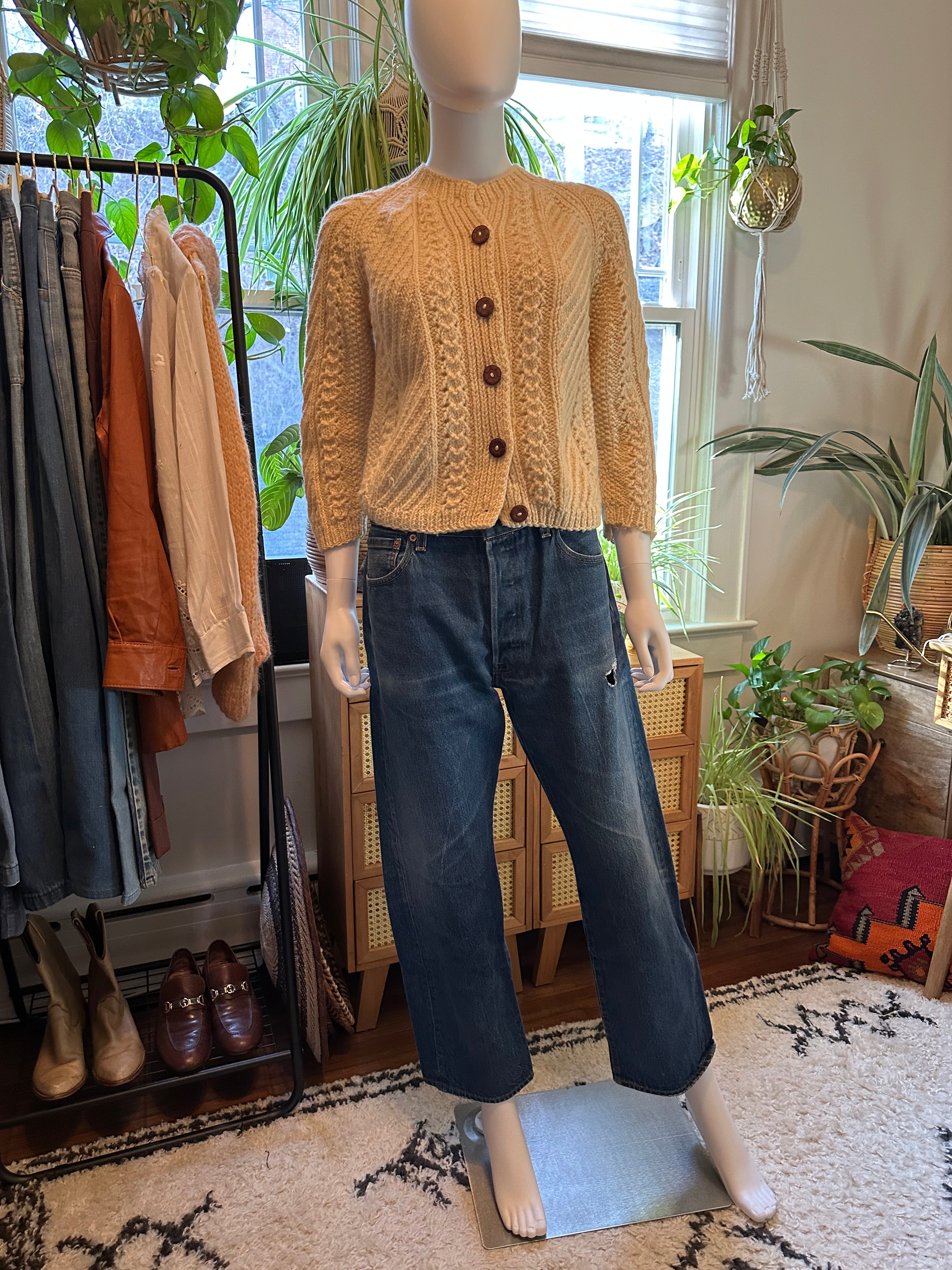 Vintage 70s Hand Knit Fisherman Cardigan